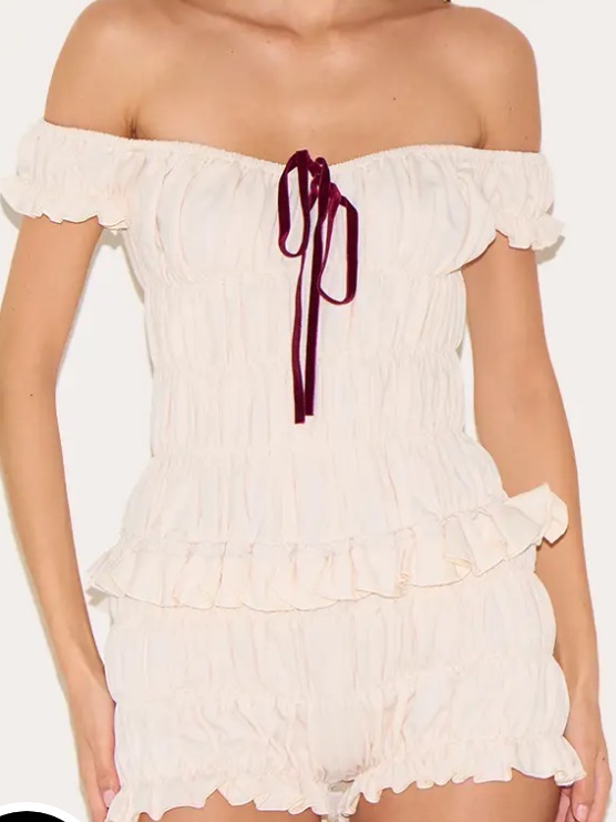 Nwt Pretty Little Things Stone Ruched Bardot Playsuit With Burgundy Tie